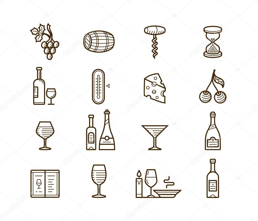 Wine icons set. Procurement and storage wine. Wine cellar rotation and tasting. Vector icons for wine labels.