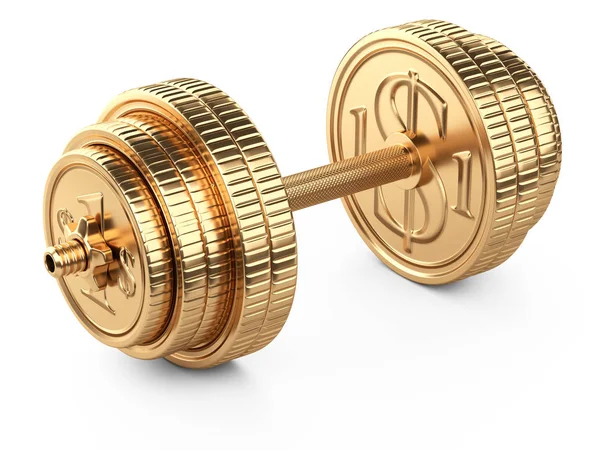 Gold dumbbell from coins. Business and sport - financial concept — Stock Photo, Image