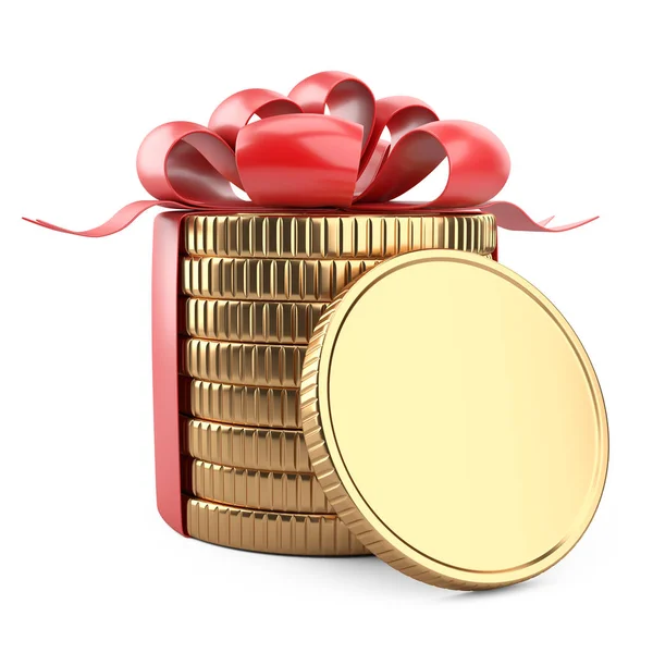 Μια στοίβα χρυσά νομίσματα δεμένα με μια κόκκινη κορδέλα με ένα τόξο. Κοντά τους — Φωτογραφία Αρχείου