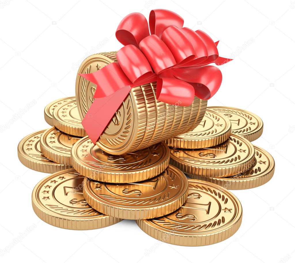 A stack of gold coins tied with a red ribbon with a bow. On the 