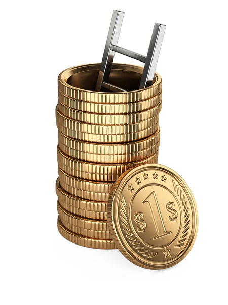 Uma pilha de moedas de ouro com buraco, e escadaria dentro. Mortgag — Fotografia de Stock