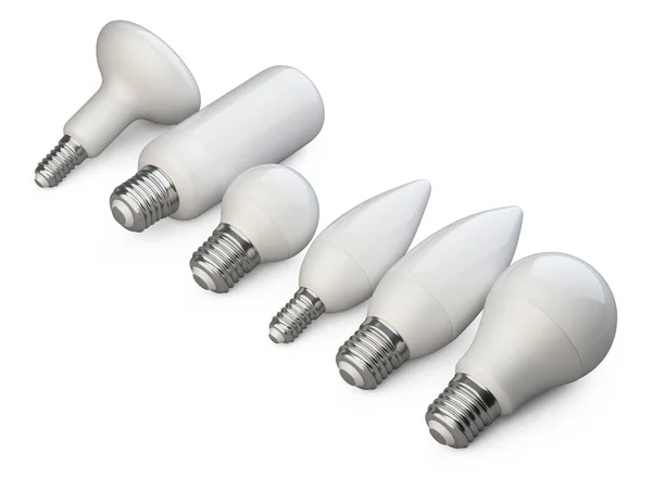 Eine Reihe von LED-Energiesparlampen in verschiedenen Formen und — Stockfoto