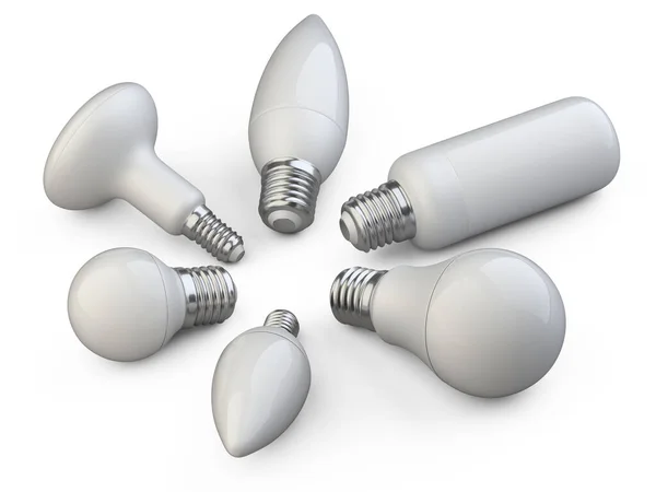 Um conjunto de lâmpadas de energia de eficiência LED em várias formas e — Fotografia de Stock