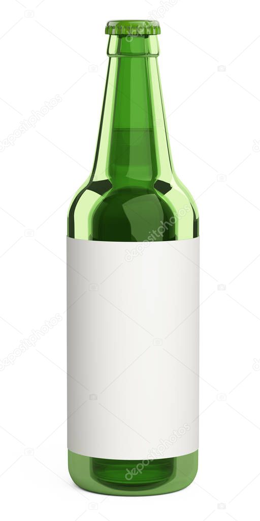 Green glass beer bottle with a label. Design mockup template.