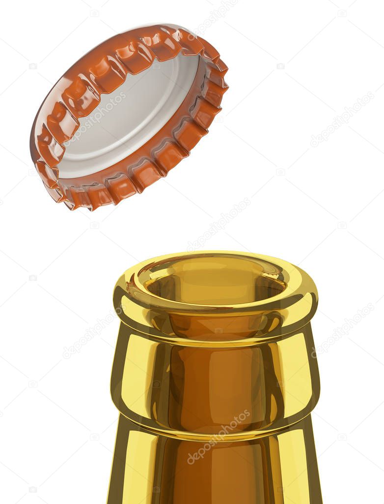 Close-up of a beer bottle neck with an open cap for concept design. 3d illustration isolated on white bacground.