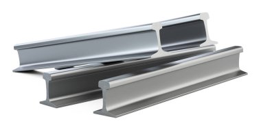 Çelik tren rayları yığılmış çelik yığınları. Beyaz arkaplanda izole edilmiş 3d illüstrasyon kavramı.