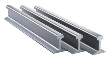 Çelik tren rayları çelik deste yapar. Beyaz arkaplanda izole edilmiş 3d illüstrasyon.
