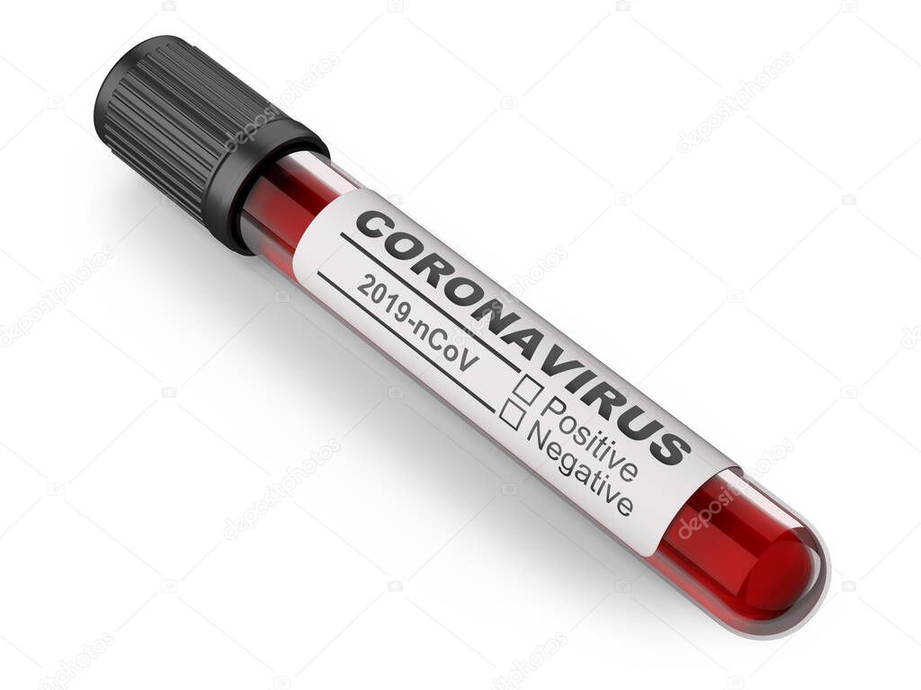 Medical container with blood for viral disease test on coronavirus COVID 19. 3d illustration isolated on a white background.