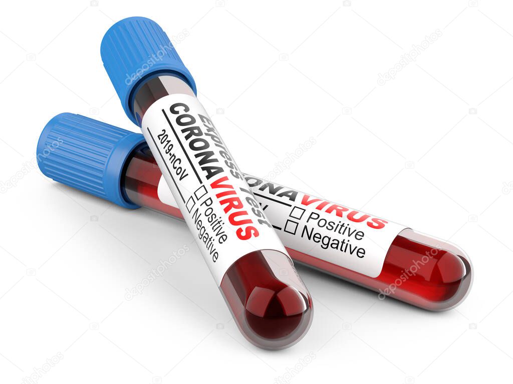 Two tube with blood samples for Coronavirus test COVID-19 - virus protection concept. Closeup 3d illustration isolated on a grey background.
