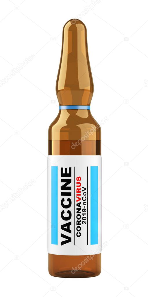 Glass flask with vaccine antiviral against coronavirus COVID-19. Tool against the pandemic. 3d illustration isolated over white background. 
