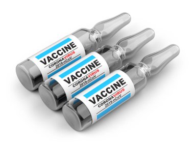 Coronavirus COVID-19 'a karşı aşı antiviral hazırlanmış cam mataralar. Salgına karşı bir araç. Beyaz arkaplan üzerinde izole 3d illüstrasyon.