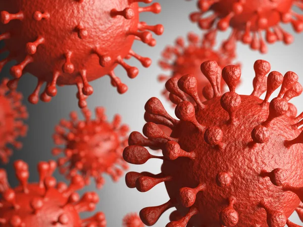 Coronavirus 2019 salgın kavramı. Virüs yaklaşıyor. Gri arkaplan üzerinde izole 3d illüstrasyon.