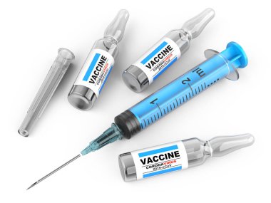 Sars virüsüne karşı aşı, koronavirüs. Aşı ve ampul enjekte etmek için şırınga. Enfeksiyon zatürresi önleme. Beyaz arkaplan üzerinde izole 3d illüstrasyon.
