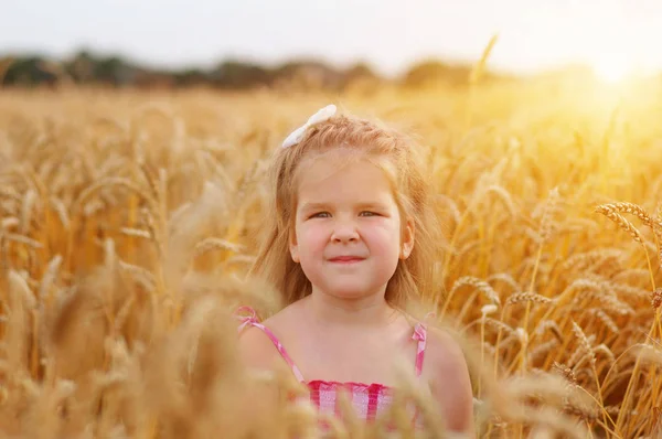 Dívka na pšenici v západu slunce — Stock fotografie