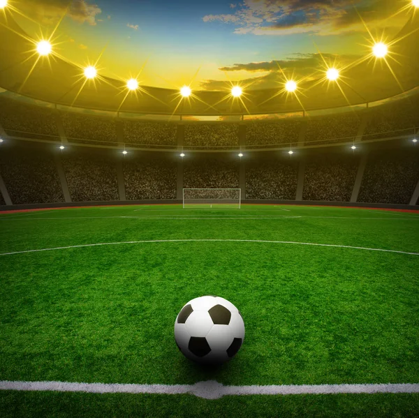 Bola de futebol no estádio verde — Fotografia de Stock