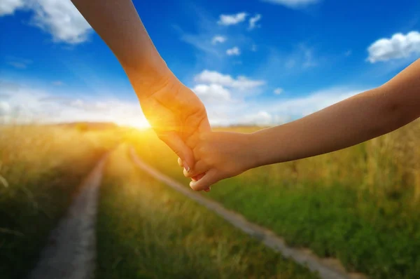 Hands of holding each other in field — Stock Photo, Image