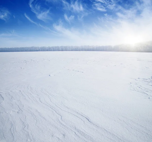 Snowcovered velden op blauwe hemel — Stockfoto