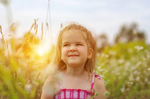 Kleines Mädchen Auf Der Wiese Frühlingstag — Stockfoto