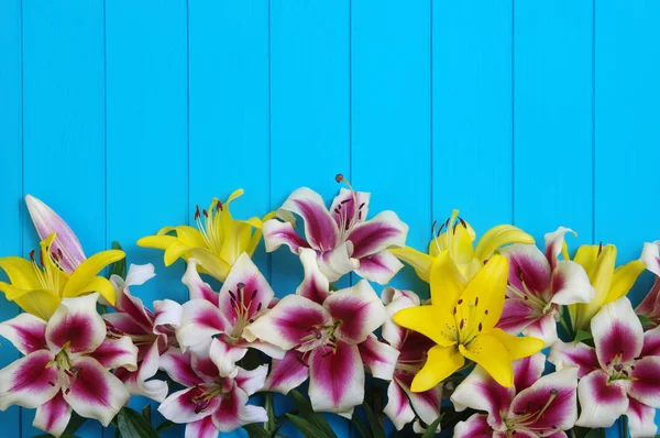Flores de lírio em tábuas de madeira — Fotografia de Stock