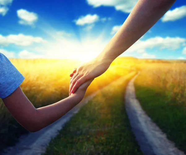 Hands of holding each other in field — Stock Photo, Image