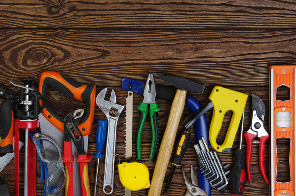 Tools on wood  background 
