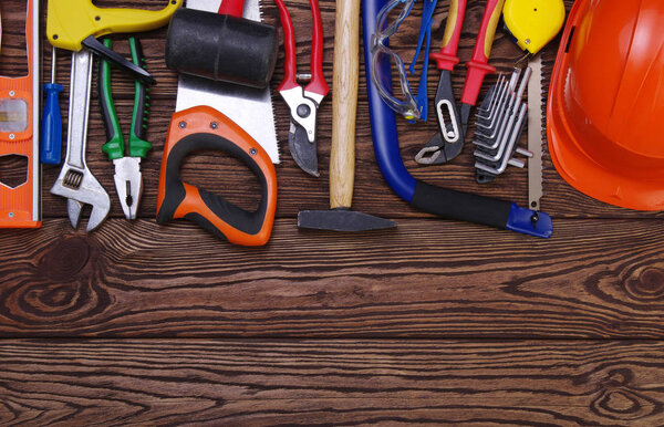 Tools on wood  background 