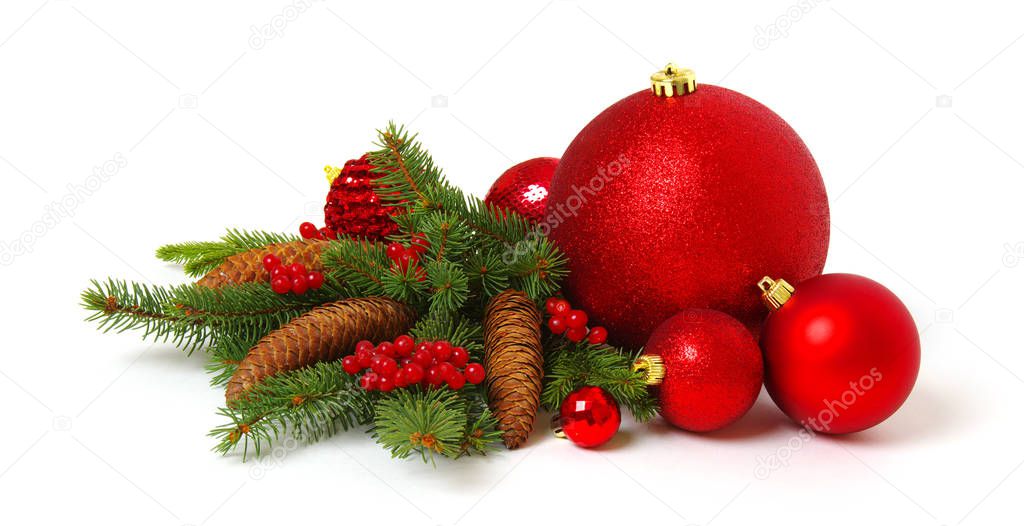 Christmas decoration baubles with branches of fir tree 