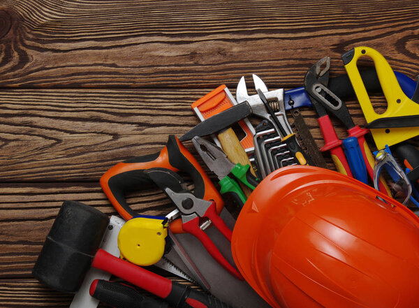Tools on wood  background 