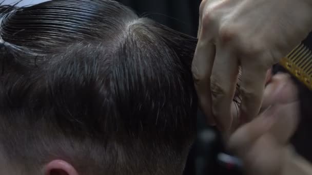 Homem recebendo um corte de cabelo por um cabeleireiro — Vídeo de Stock