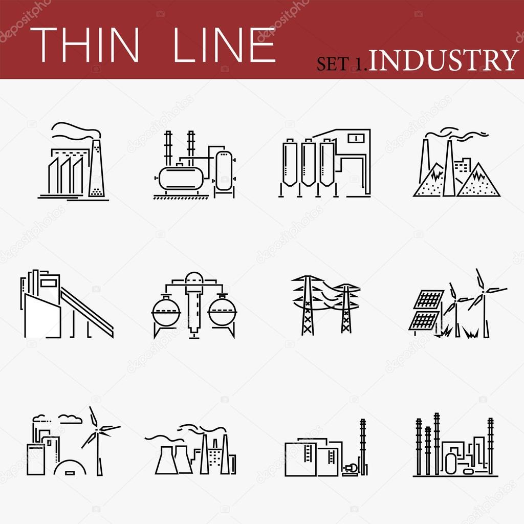 Set of factories related vector line icons.