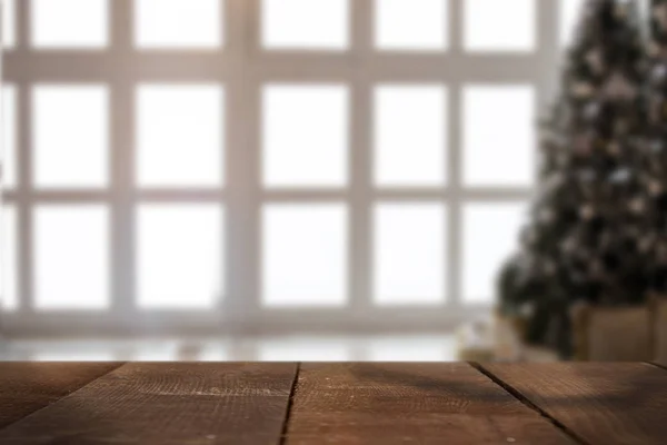 Christmas tree Decorated and big window blurred — Stock Photo, Image