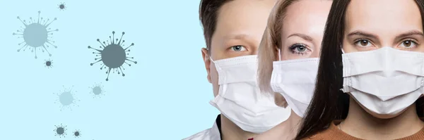 หยุดการติดเชื้อไวรัสโคโรนา ผู้ชายและผู้หญิงในหน้ากาก . — ภาพถ่ายสต็อก
