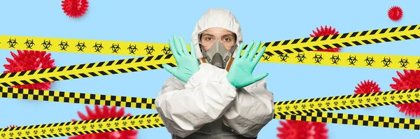 Woman Doctor in protective mask and full suit on the yellow strip backdrop. — Stock Photo, Image