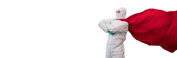 A doctor in a costume of a super hero stands on defense against a viral pandemic