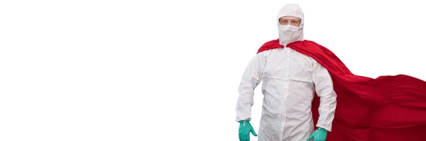 Ein Arzt im Kostüm eines Superhelden steht zur Verteidigung gegen eine Virenpandemie — Stockfoto