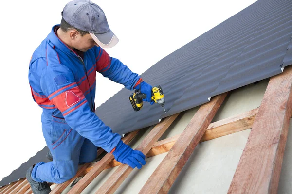 Man Worker Uses Power Drill Attach Cap Metal Roofing Job — Stock Photo, Image