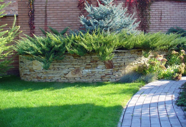 Garden stone path with grass growing up between the stones.Detail of a botanical garden.