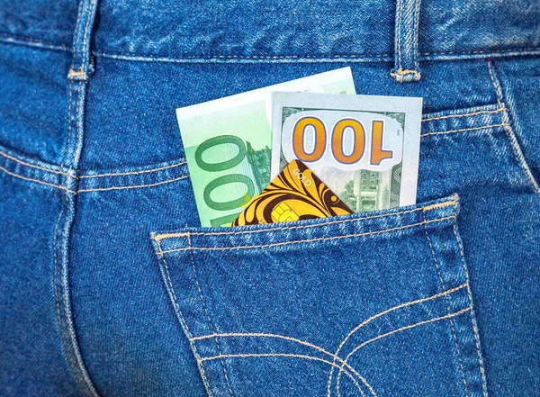 Tasca blu jeans da cento euro, cento americani da fare — Foto Stock