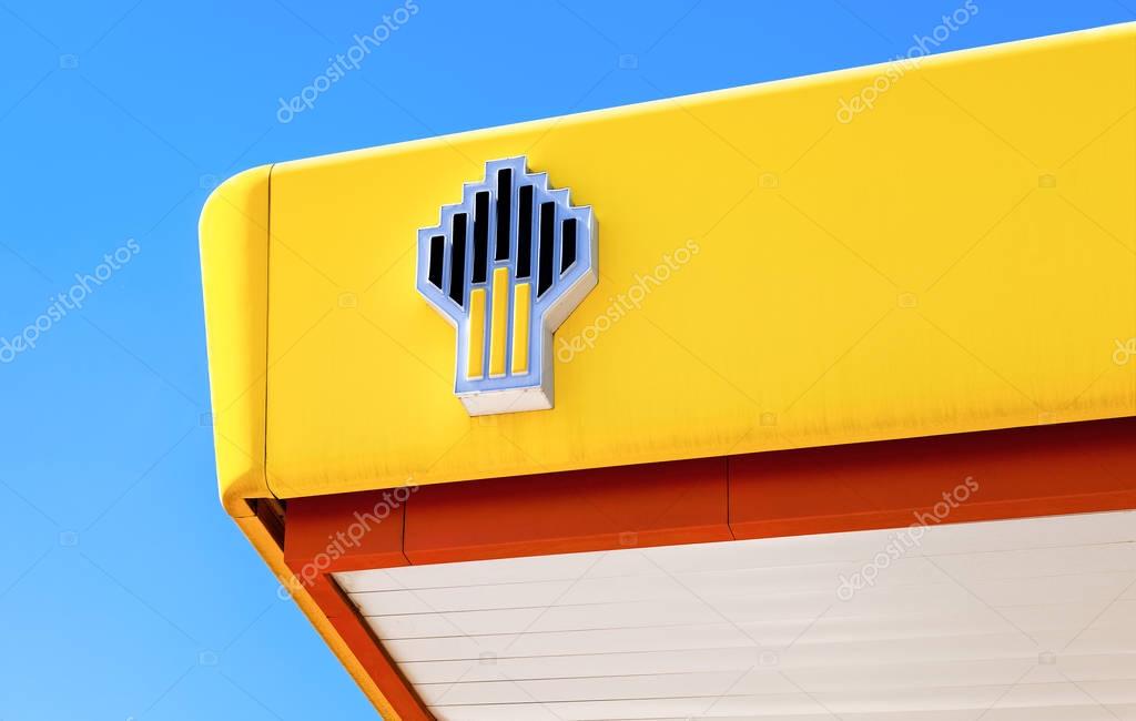 SAMARA, RUSSIA - MAY 14, 2016: The emblem of the oil company Rosneft on the gas station. Rosneft is one of the largest russian oil companies