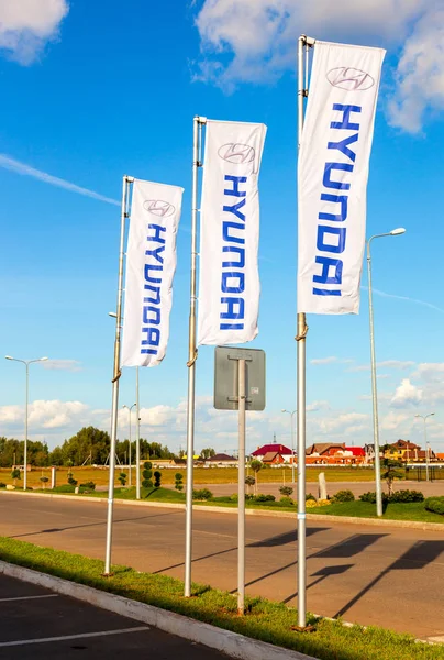 Las banderas de Hyundai sobre el cielo azul. La Hyundai Motor Company es — Foto de Stock