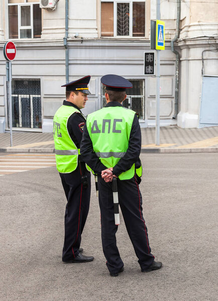 Russian police patrol officers of the State Automobile Inspector