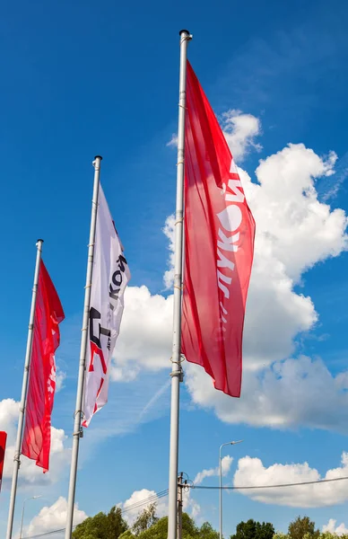 Les drapeaux de la compagnie pétrolière Lukoil sur la station-service. Lukoil i — Photo