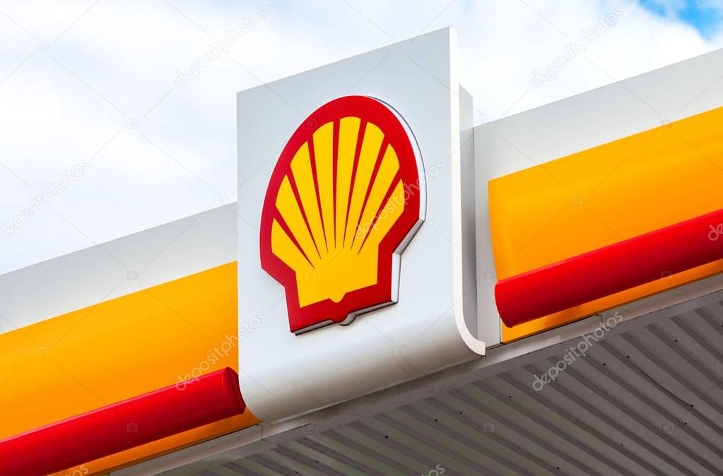 ST.PETERSBURG, RUSSIA - JULY 31, 2016: The emblem of the Royal Dutch Shell oil company. Shell is an Anglo-Dutch multinational oil and gas company incorporated in the United Kingdom
