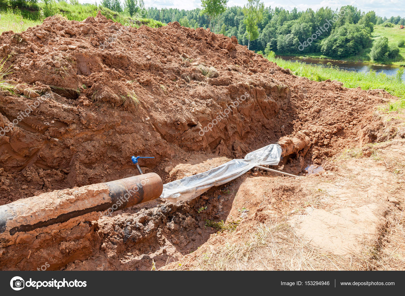 Laying Underground Gas Pipeline In Summer Day Stock Photo