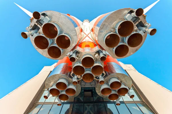 Russian space transport rocket with rocket engines against the b