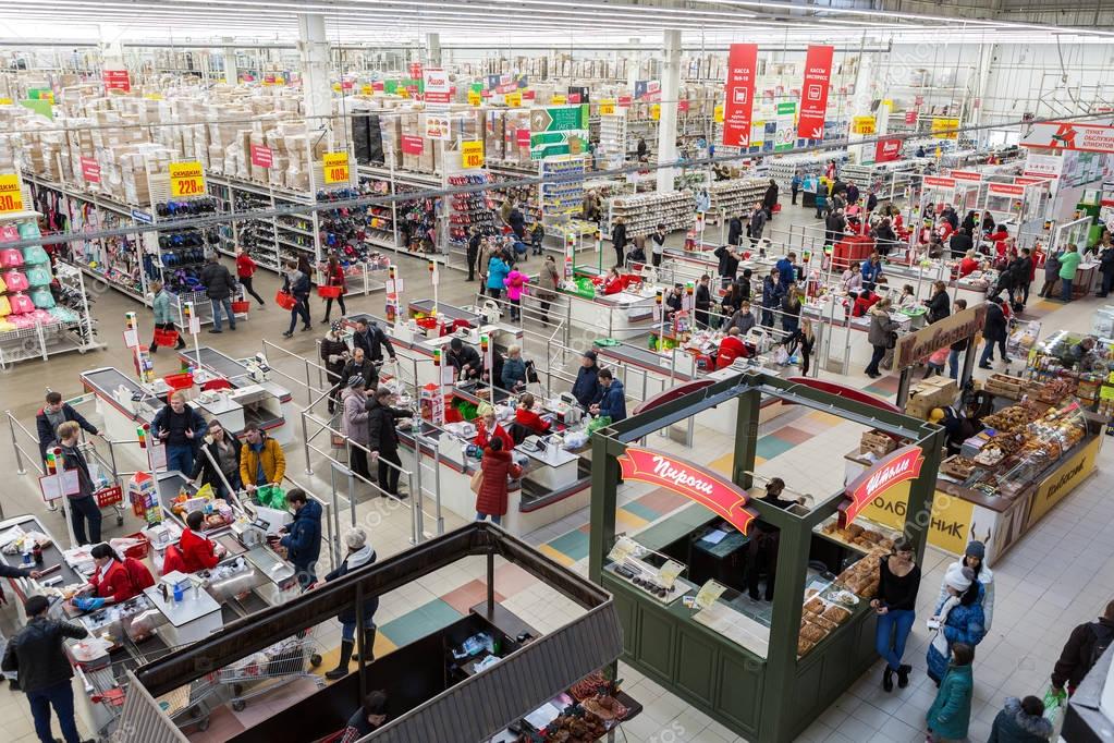 Samara, Russia - April 1, 2017: Auchan Samara Store in shopping center Kosmoport. French distribution network Auchan unites more than 1300 shops