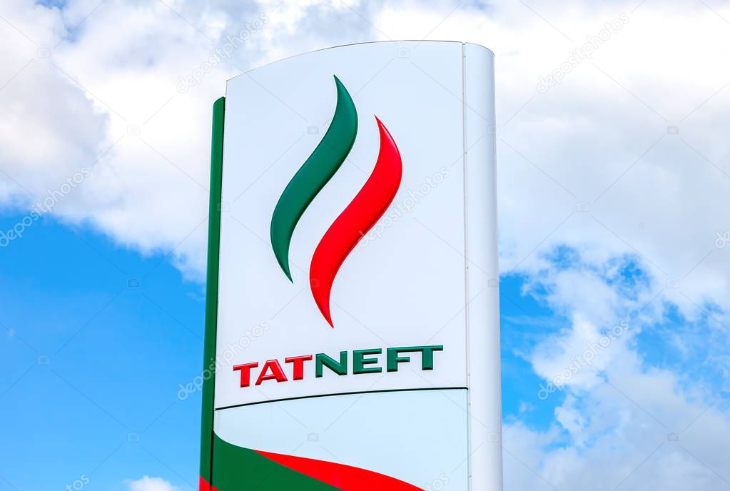 Samara, Russia - May 22, 2016: Logo of the oil company Tatneft against blue sky. Tatneft is one of the russian oil companies