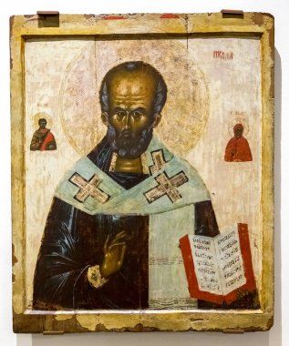 St. Nicholas antika Rus Ortodoks simgesi üzerinde ahşap boyalı 