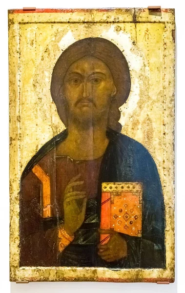 Antieke Russische orthodoxe ikoon van Christus Pantocrator geschilderd op w — Stockfoto