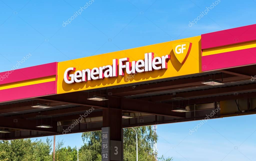 Moscow, Russia - September 03, 2017: The emblem of the oil company General Fueller on the gas station. General Fueller is one of the russian gas stations